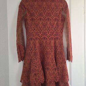 Rust Orange Lace Long-Sleeve Mini Dress